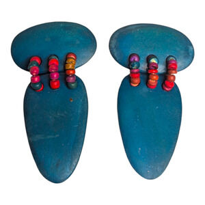 Vtg 60s Mod Chunky Blue Wooden Dangle Drop Statement Earrings Multicolor Beads